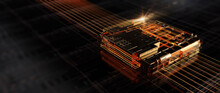 Printed Circuit Board Futuristic Server. Circuit Board Futuristic Server Code Processing. Orange, Black  Technology Background With Bokeh. 3D Rendering