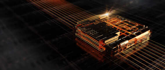 Poster - Printed circuit board futuristic server. Circuit board futuristic server code processing. Orange, black  technology background with bokeh. 3D Rendering