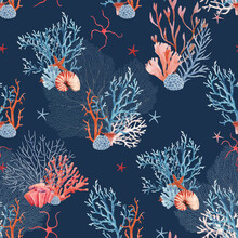 Beautiful Vector Seamless Underwater Pattern With Watercolor Sea Life Coral Shell And Starfish. Stock Illustration.
