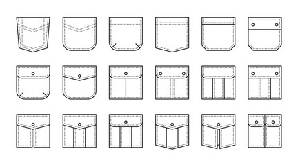 set of patch pocket icons for pants and other clothing. isolated line vector illustration on white b