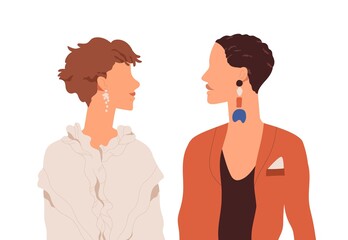 Wall Mural - Profile portrait of lesbian love couple. Two modern women looking at each other. Girlfriends in trendy clothes. Colored flat vector illustration of colleagues isolated on white background