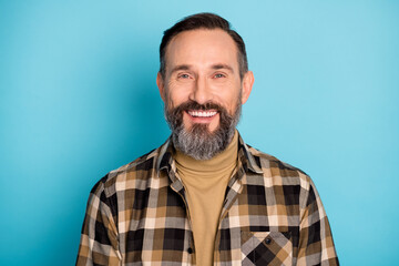 Sticker - Photo of satisfied person toothy smile look camera wear checkered outfit isolated on blue color background