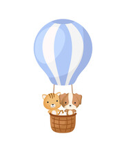 Cute Little Dog, Cat Fly On Blue Hot Air Balloon. Cartoon Character For Childrens Book, Album, Baby Shower, Greeting Card, Party Invitation, House Interior. Vector Stock Illustration.