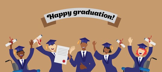 Happy graduation banner. Flat style illustration.
