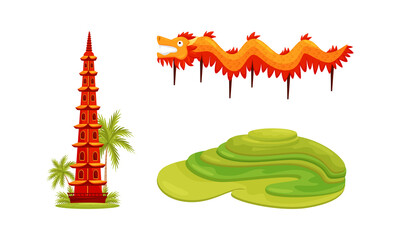 Wall Mural - Vietnam Country Landmarks with Pagoda, Rice Paddy and Dragon Vector Set
