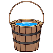 Wooden Bucket With Water For A Bath. Bath Accessories On A White Background. Vector Illustration