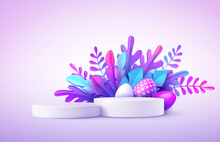 Realistic Product Podium With Easter Eggs And Fantastic Tropical Leaves. Product Podium Scene Easter Design To Showcase Your Product. Spring Floral Modern Happy Easter. 3d Vector Illustration
