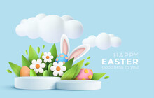 3D Trendy Easter Greeting With 3d Product Podium, Spring Flower, Cloud, Easter Egg And Bunny. Spring Floral Modern 3d Easter Graphic Concept. Vector Illustration