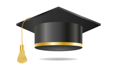Black graduation cap with gold element. Congratulations on graduation. Vector