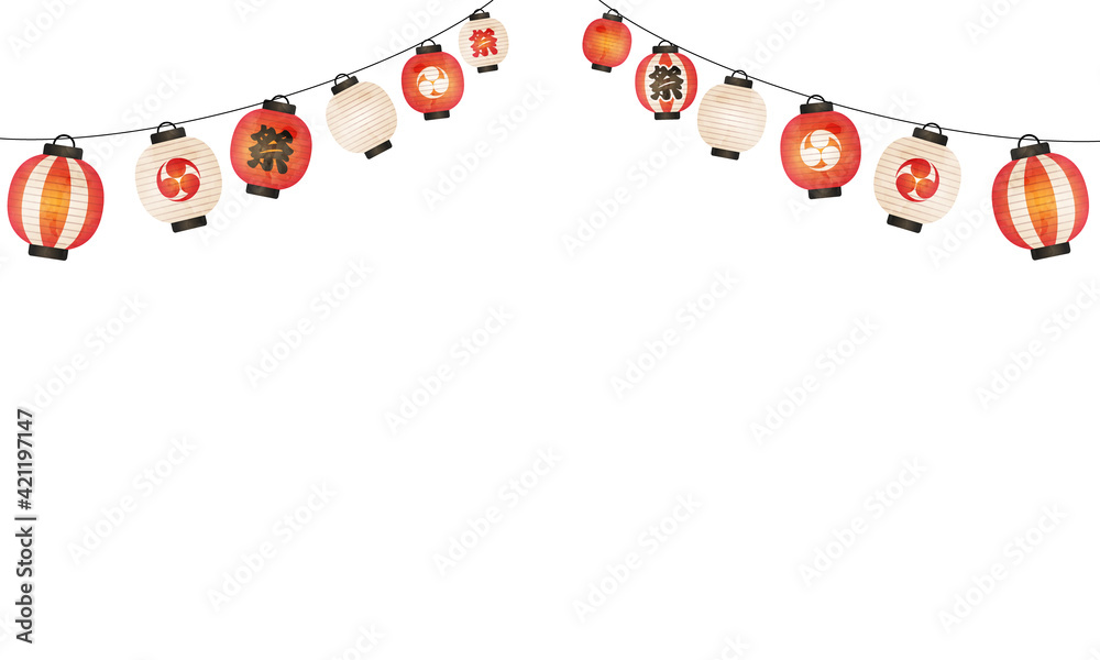 夏の祭り提灯の水彩風ベクターイラストフレーム Black Canvas Print Bla Honyojima