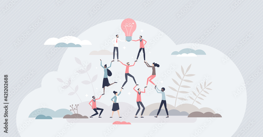 Teamwork success as team pyramid to innovative results tiny person ...