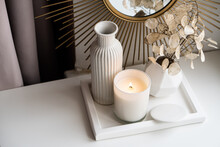 Luxurious White Tray Decoration, Home Interior Decor With Burning Candle