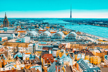 Wall Mural - Panoramic view of the city of Riga, Latvia from the height of the tower Church of St. Peter