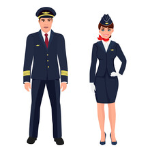Airline Crew, Stewardess And Pilot. Officer And Flight Attendant. Professions Stewardess And Pilot. Vector Illustration
