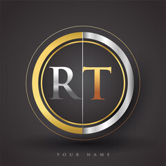 RT Letter logo in a circle, gold and silver colored. Vector design template elements for your business or company identity.