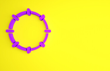 Purple Musical instrument percussion tambourine, with metal plates icon isolated on yellow background. Minimalism concept. 3d illustration 3D render