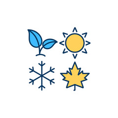 Sticker - Seasons RGB color icon. Spring, winter, summer. Fall, autumn. Impact on light, temperature, precipitation and weather. Seasonal changes in surrounding environment. Isolated vector illustration