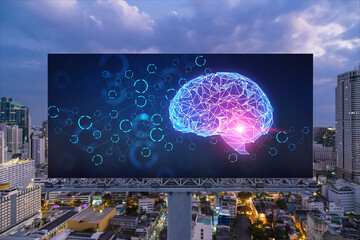 brain hologram on billboard with bangkok cityscape background at night time. street advertising post