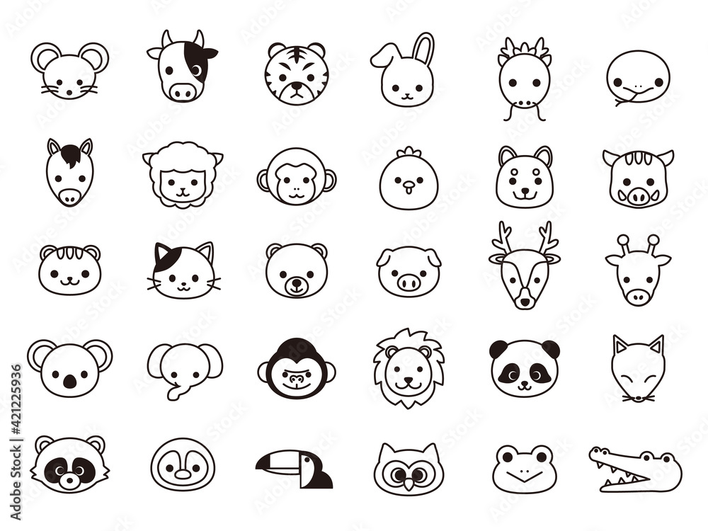 Fototapete 動物 顔 線画 塗り絵 アイコン セット イラスト素材 Senryu