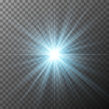 Realistic Blue Starburst Lighting Isolated On Transparent Background. Glow Light Effect. Glowing Light Burst Explosion. Bright Star Illuminated. Flare Effect Decoration With Ray Sparkles. Vector