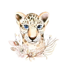 africa watercolor savanna leopard, animal illustration. african safari wild cat cute exotic animals 