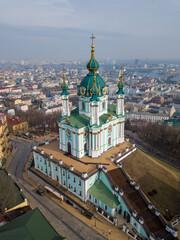 Wall Mural - St. Andrew's Church in Kiev. Aerial drone view.