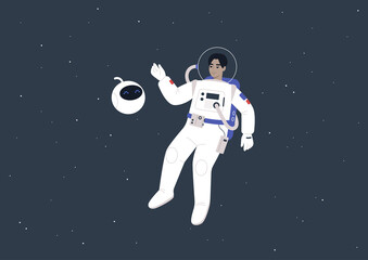 Wall Mural - A young male Asian astronaut in a spacesuit and a cute round robot floating in outer space, a futuristic life concept
