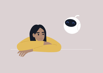 Wall Mural - A young female character talking to a cute round robot, an artificial intelligence concept