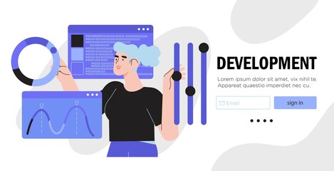 Design and programming banner, web landing page, advertisement. Designer working on ui ux design or mobile application. Studio or agency prototyping or coding web page or mobile app. Cms development.