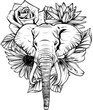 draw in black and white of Vector illustration of head elephant with flower.