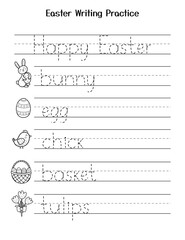 Wall Mural - Easter tracing words worksheet for kids. Handwriting practice activity page. Develop motor skills and learn to write for school and preschool. Vector illustration