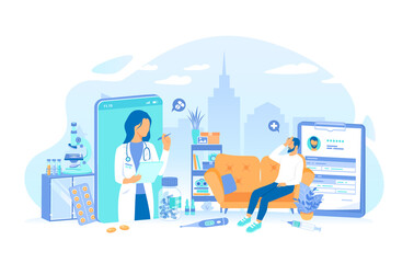 Wall Mural - Virtual examination and diagnosis patient via remote application on smartphone. Online doctor consultation. Medicine service, healthcare application. Vector illustration flat style.