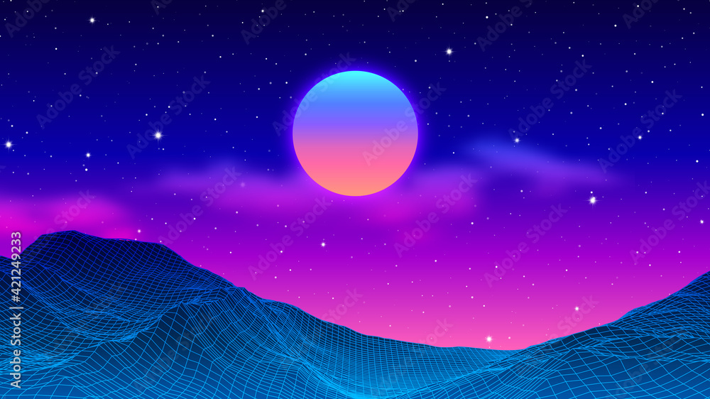 80s synthwave styled landscape with blue grid mountains peak and sun ...