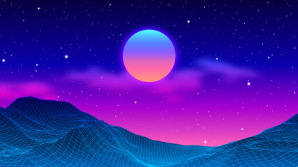 Wall Mural - 80s synthwave styled landscape with blue grid mountains peak and sun with clouds.