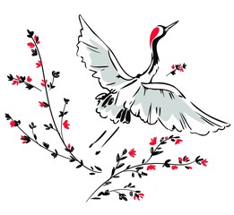 Naklejka japoński kwiat ptak