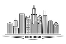 Vector Illustration Of Chicago City, Horizontal Monochrome Poster With Line Art Design Chicago City Scape, Urban American Concept With Unique Decorative Font For Black Word Chicago On White Background