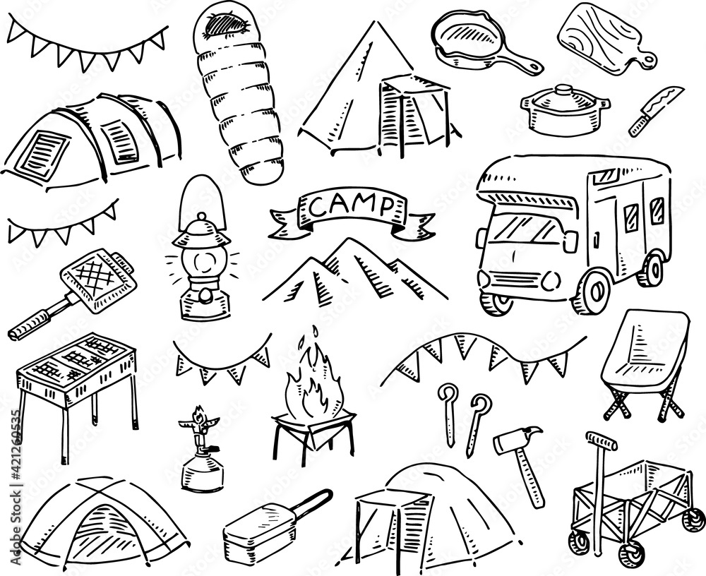 手描きのキャンプグッズのイラストまとめ 線のみ アウトドア Wall Mural ナナメニコ 手描きのキャンプグッズのイラストまとめ 線のみ アウトドア Wall Mural ナナメニコ
