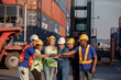 © nikomsolftwaer - Workers Join Hand for Collaboration in the container yard. Business logistic concept, Import and export concept. Workers hands touching and Join Hand for Collaboration for successfully