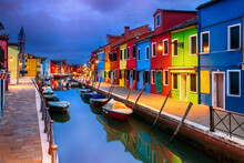 Colourful Evening Houses On Burano Island, Venice