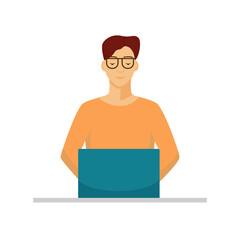 Wall Mural - student works at laptop. young male character wearing glasses and orange sweater is enthusiastically