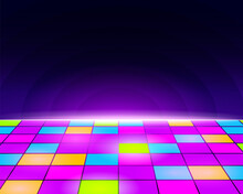 Neon Retro Dance Floor Background. Futuristic Disco Floor With Purple Tiles And Yellow Light Blue Electronic Vintage With Night Sky Vector Horizon.