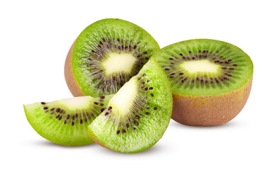 Whole kiwi fruit and sliced isolated on white background