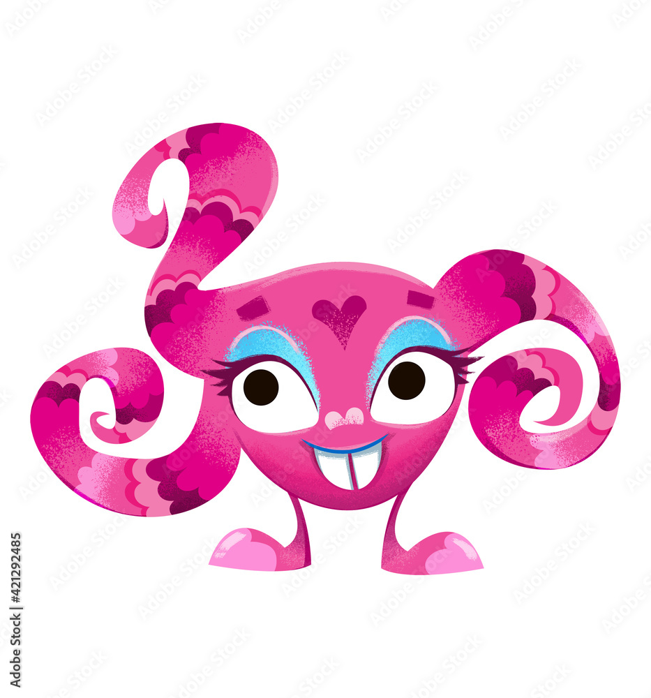 Alien pink clipart. Monster fluffy girl with tentacles in the form of an octopus. Poster for the nursery. Halloween, space, aliens. Cute illustration in cartoon childish style. The image is isolated