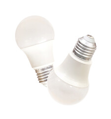 Two energy saving light bulbs with frosted glass isolated on white background