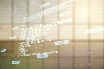 multi exposure of abstract software development hologram on empty modern office background, research