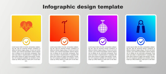 Sticker - Set Heart rate, Walking stick cane, Disco ball and Sport expander. Business infographic template. Vector