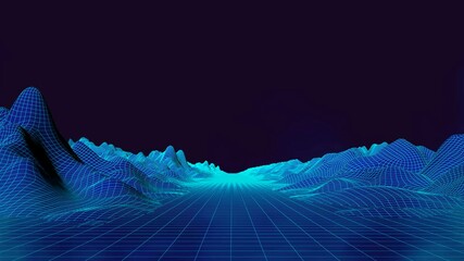 Wall Mural - synthwave wireframe landscape. 80s style retro futurism background. retro wave horizon landscape. 4k