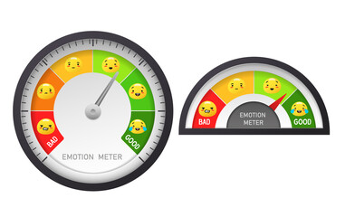 Scale is meter mood and emotions. Speedometer from red horrible mood and orange sad to green happy. Cool yellow faces with changing vector feelings.