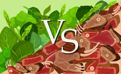 Meat versus vegetables clipart. Confrontation between vegans and meat lovers battle between supporters clean green eco food and fans carse fried vector steaks.