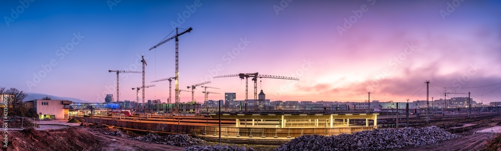 Construction site panorama at sunset - obrazy, fototapety, plakaty 